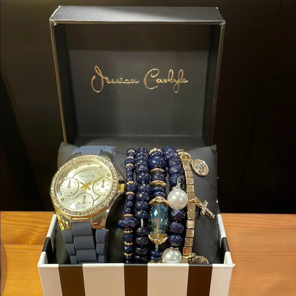 Women’s Navy & Gold Watch Gift Set | Crystal Bezel Timepiece + Beaded Bracelets